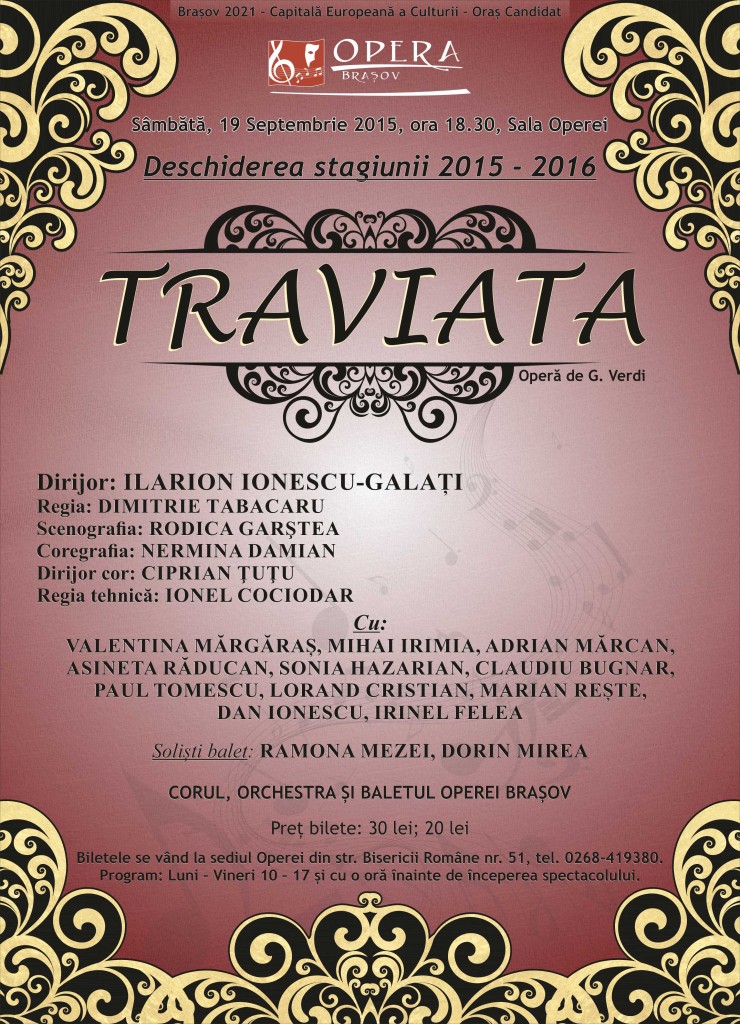 Afisul spectacolului La Traviata de la Opera Brasov din 19 septembrie